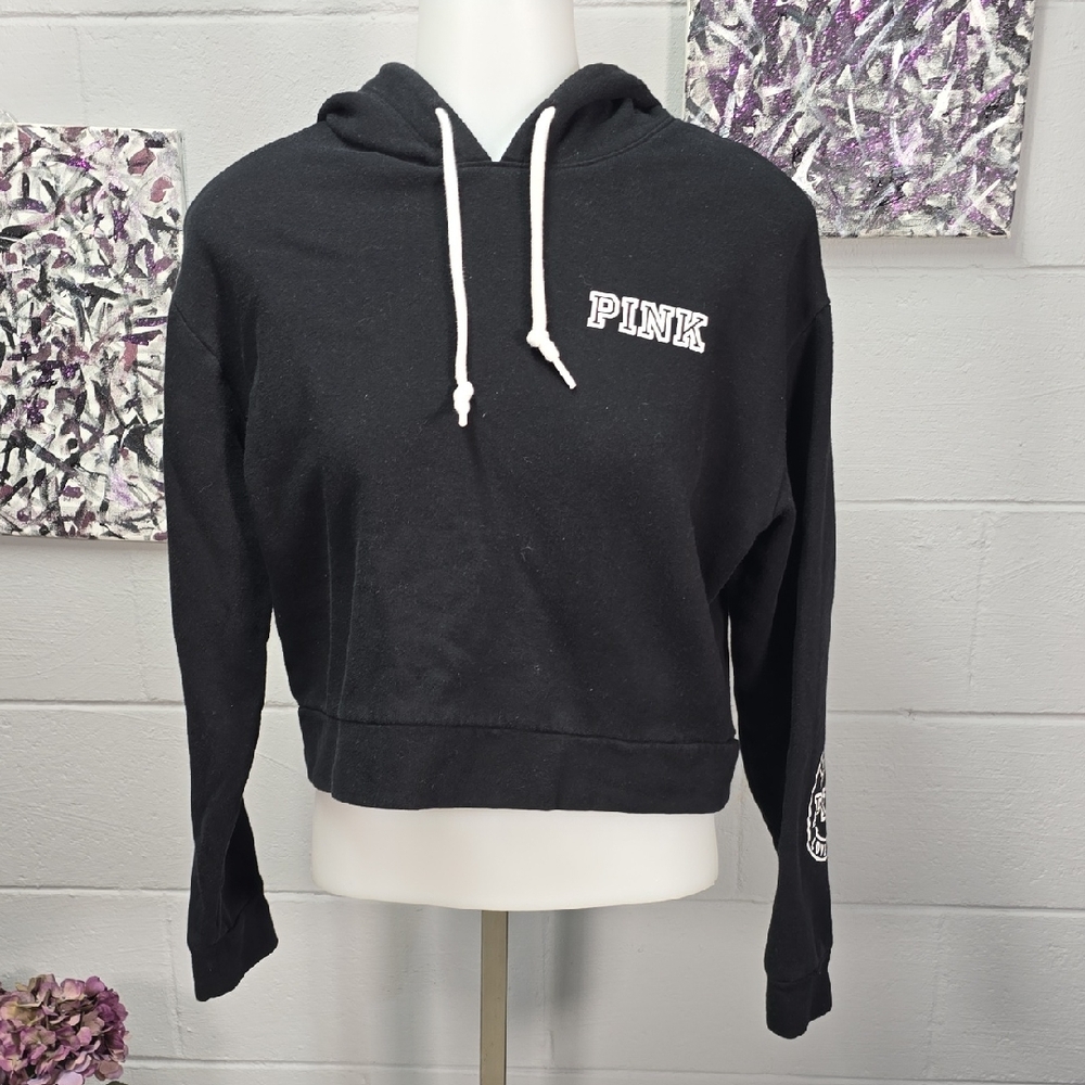 PINK Victoria's Secret Black Crop Top Hoodie with White Logo